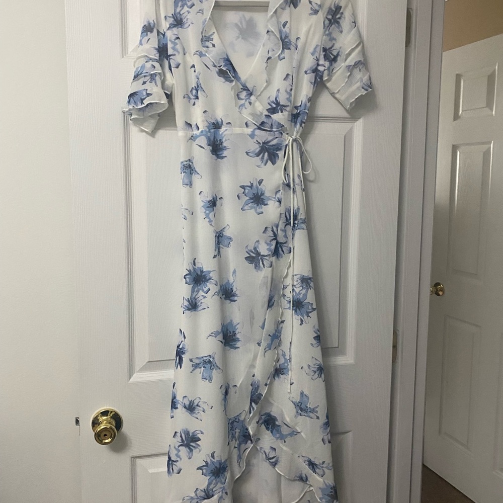 Floral Wrap Dress in Blue and White